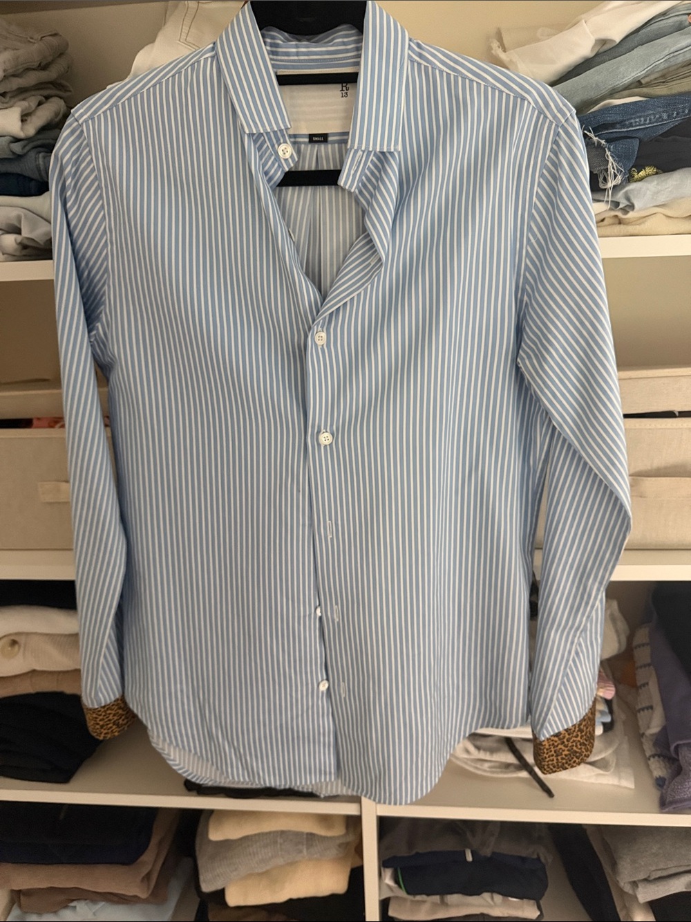 R13 Light Blue & White Vertical Stripe Button-Down Shirt with Leopard Cuff